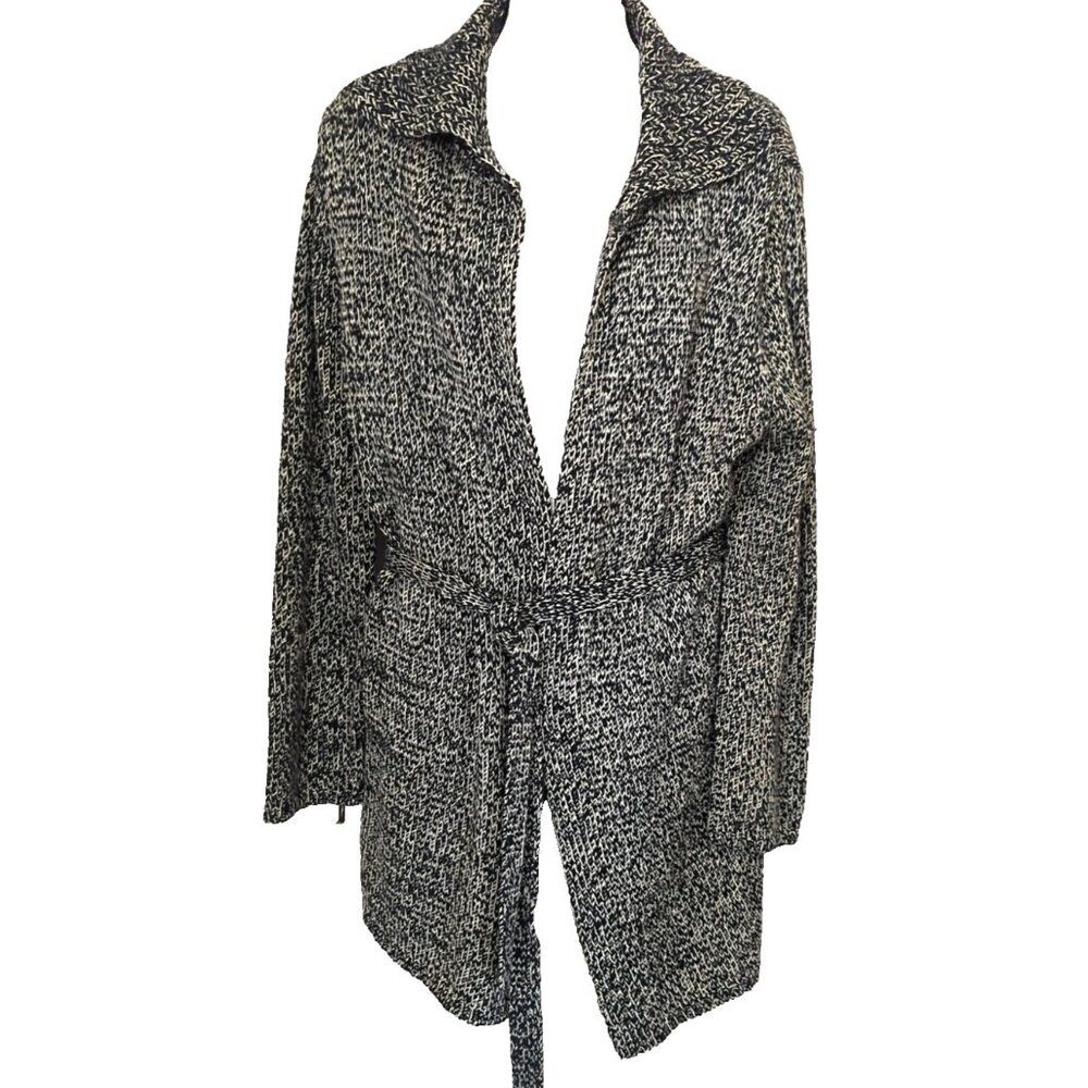 Fred David  Belted Cardigan Sweater Heathered Black and Tan Knit Fabric-lp